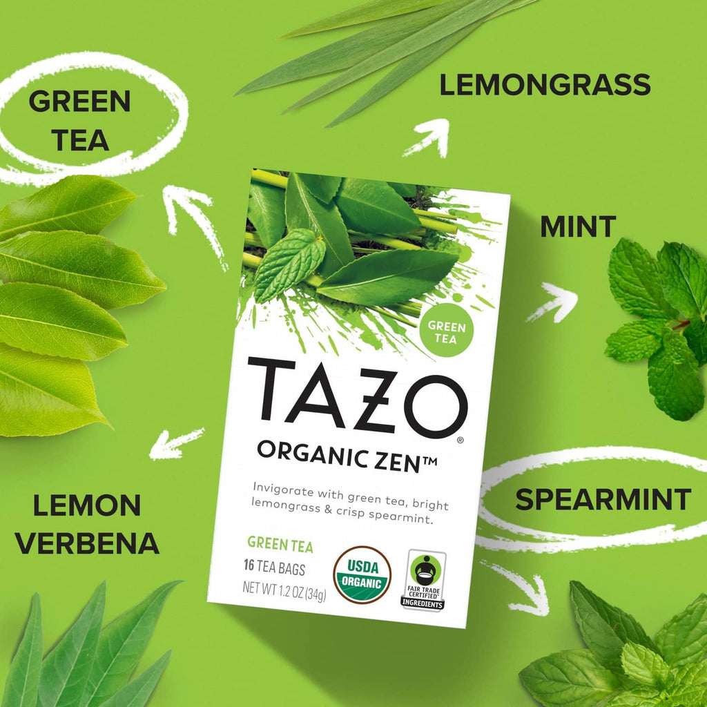 TAZO Organic Zen green tea box with lemon, lemongrass, mint, and spearmint leaves