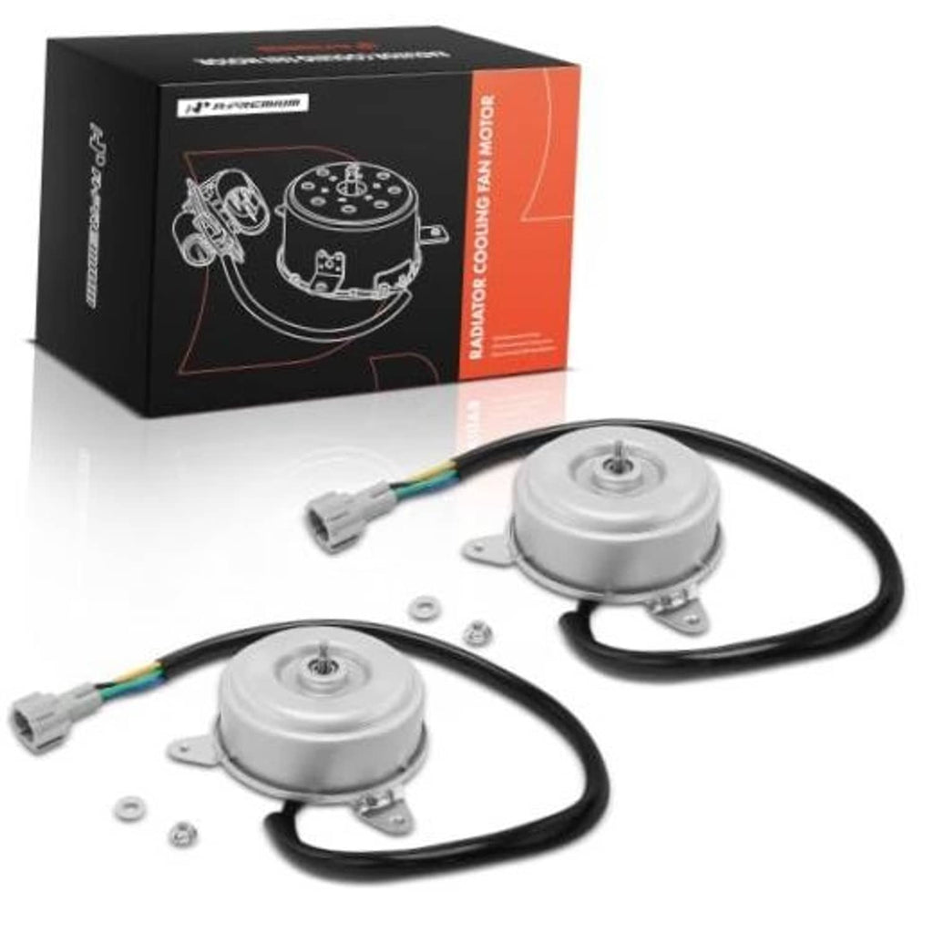 Radiator cooling fan motor kit with two motors, wiring harness, and mounting hardware