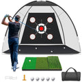 Golf practice net target board with tri-turf mat, golf balls, and stakes