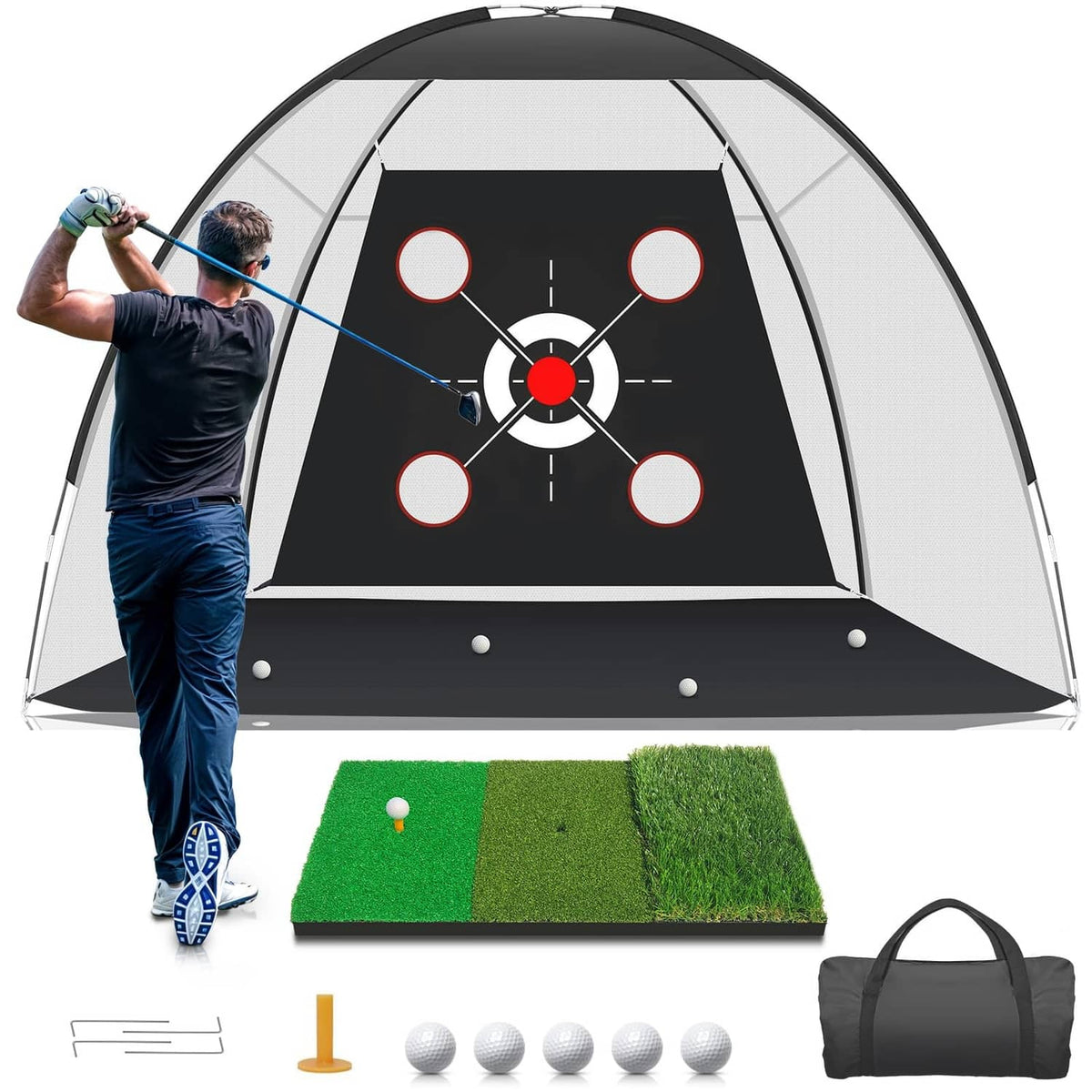 Golf practice net target board with tri-turf mat, golf balls, and stakes
