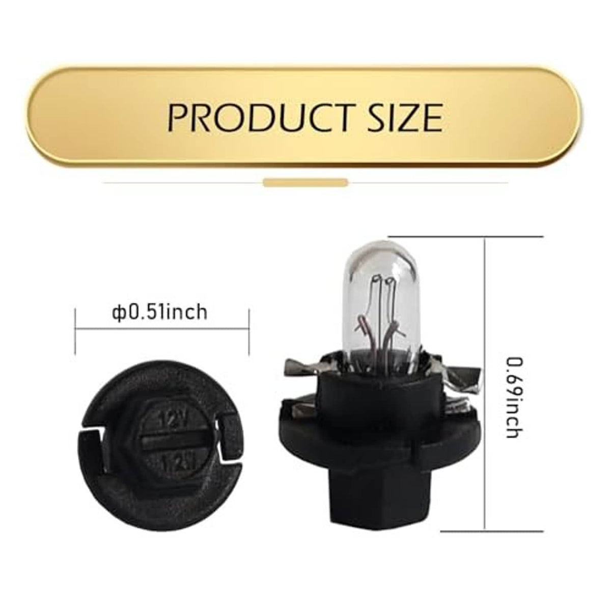 T5 car dashboard bulb with clear glass and black base, with size dimensions diagram