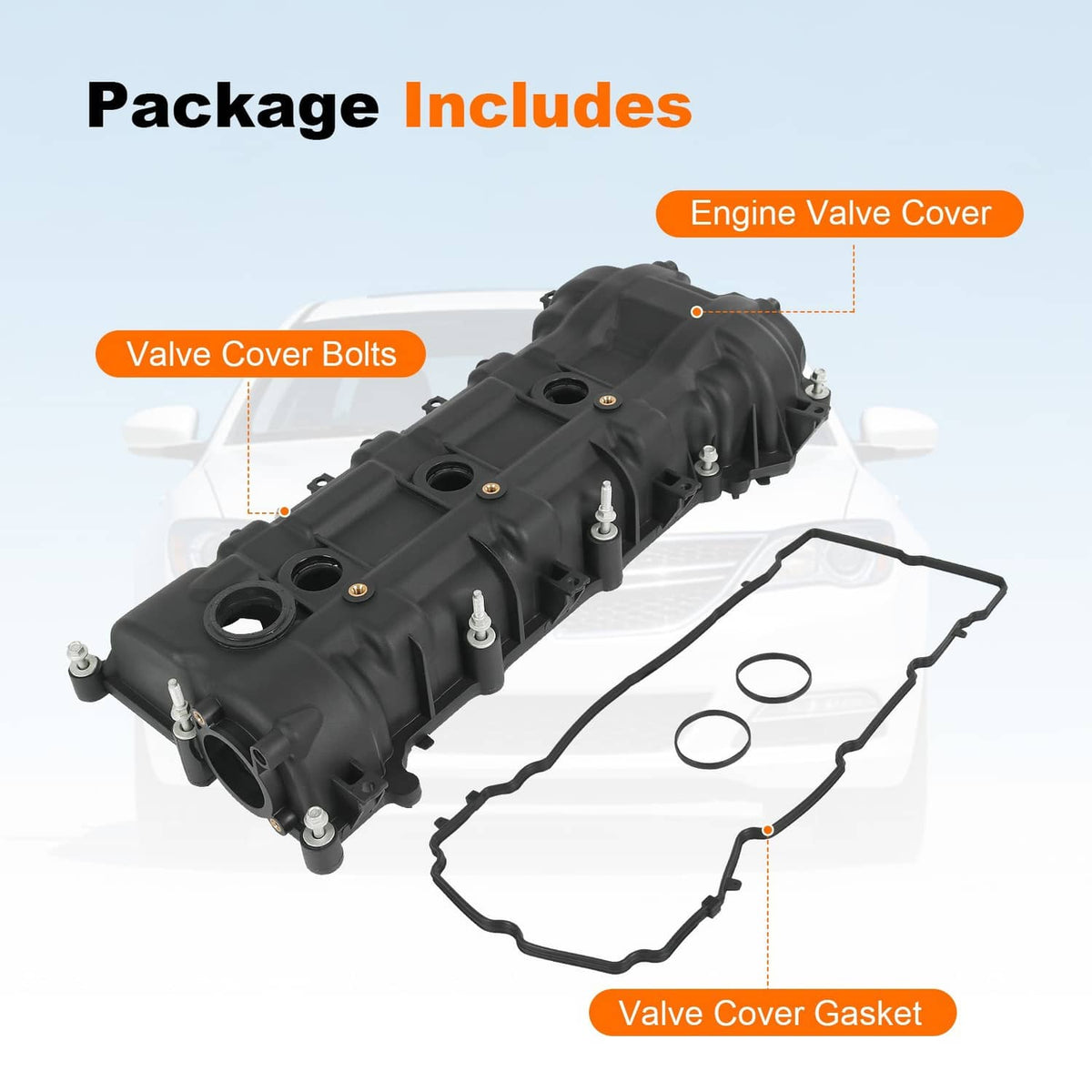 Black engine valve cover assembly with gasket and circular valve cutouts