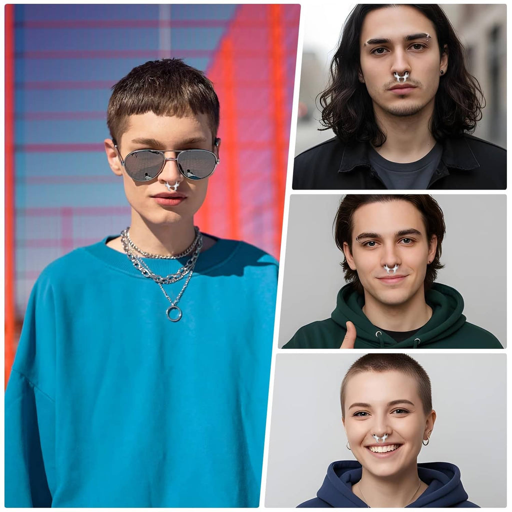 Silver faux septum ring styles worn on models, non-piercing hoops
