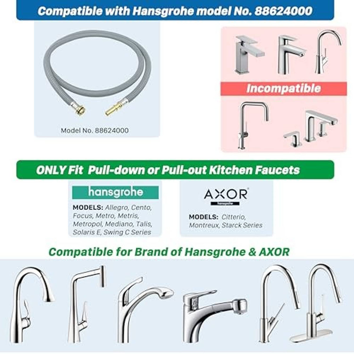 Kitchen faucet pull-down replacement hose with braided sleeve and brass end fittings