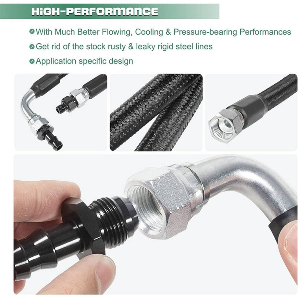 Black braided transmission hose line with silver elbow fitting and coupler hardware detail