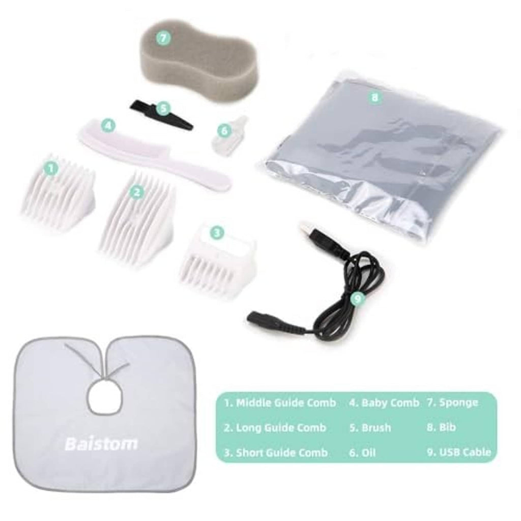 Baistom hair trimmer accessory set with guide combs, bib, sponge, and USB cable