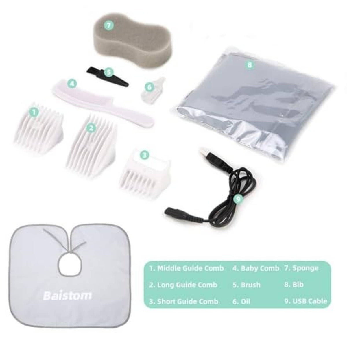 Baistom hair trimmer accessory set with guide combs, bib, sponge, and USB cable