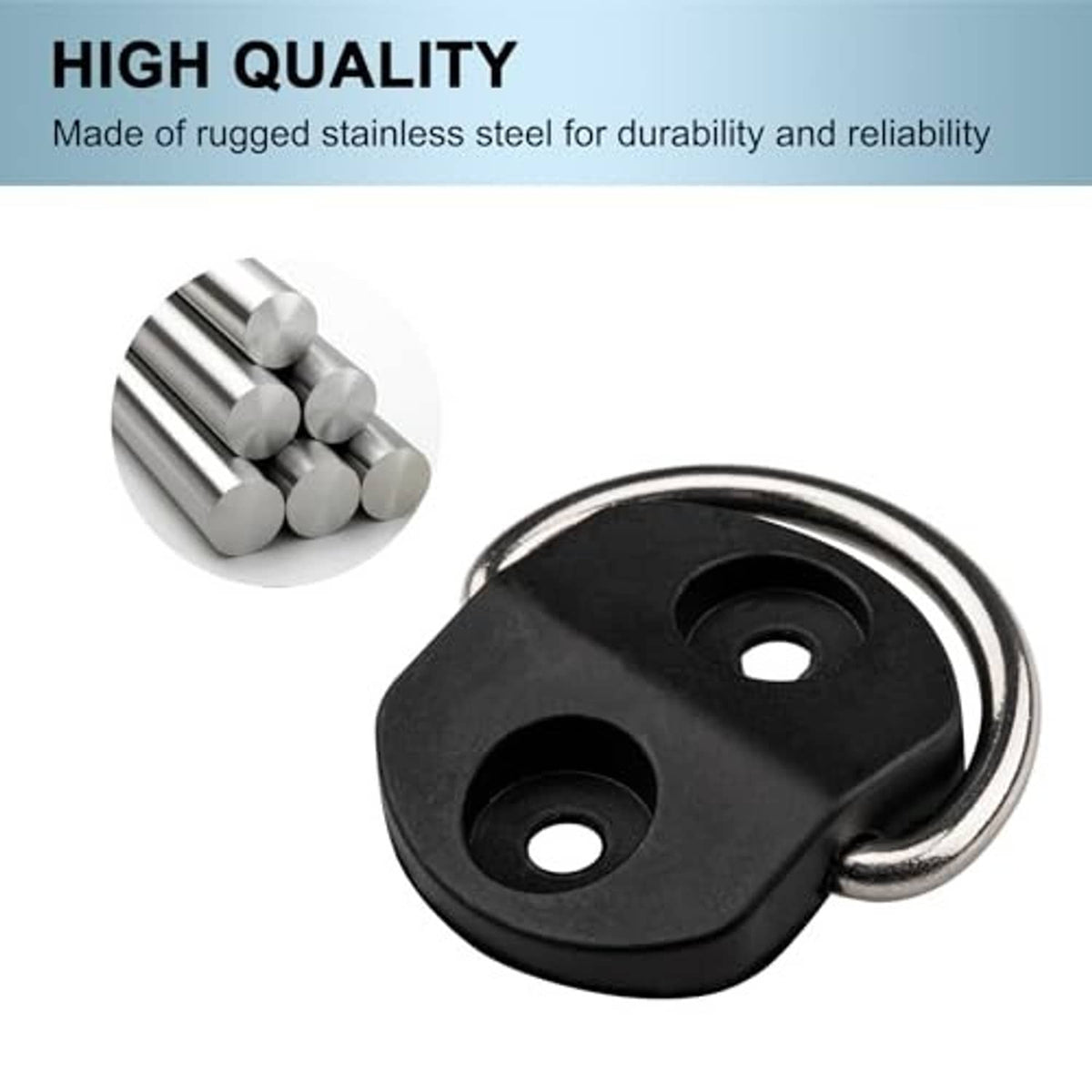 Black D-ring tie-down with chrome steel loop and two round mounting holes