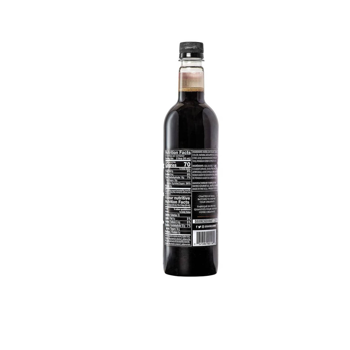 Chocolate syrup bottle with back nutrition label facing camera
