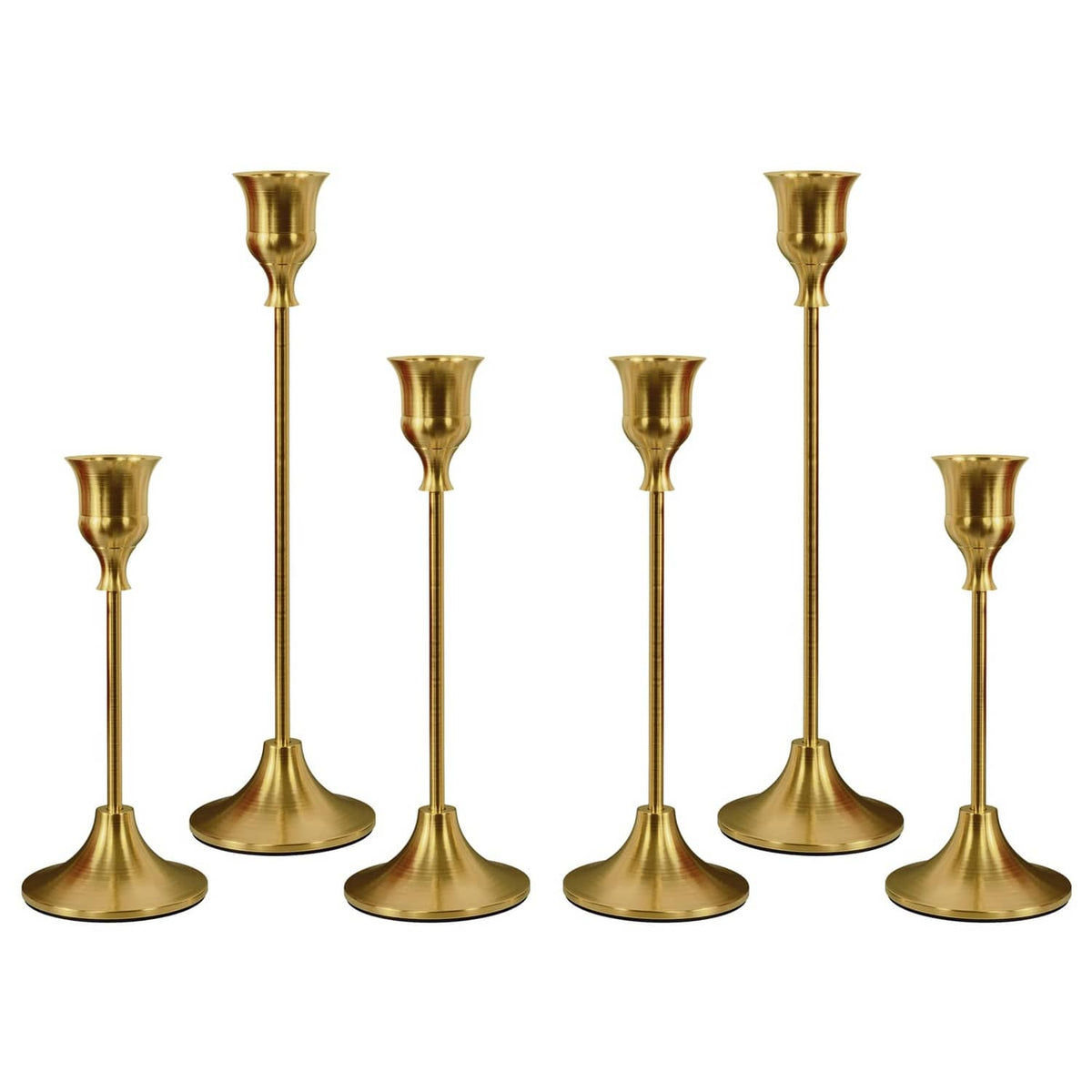 Set of six brass gold candle holders with tall stems and flared cup tops