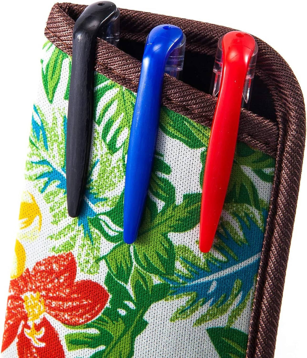 Tropical leaf eyeglasses pouch with three colorful pens or glasses stored upright