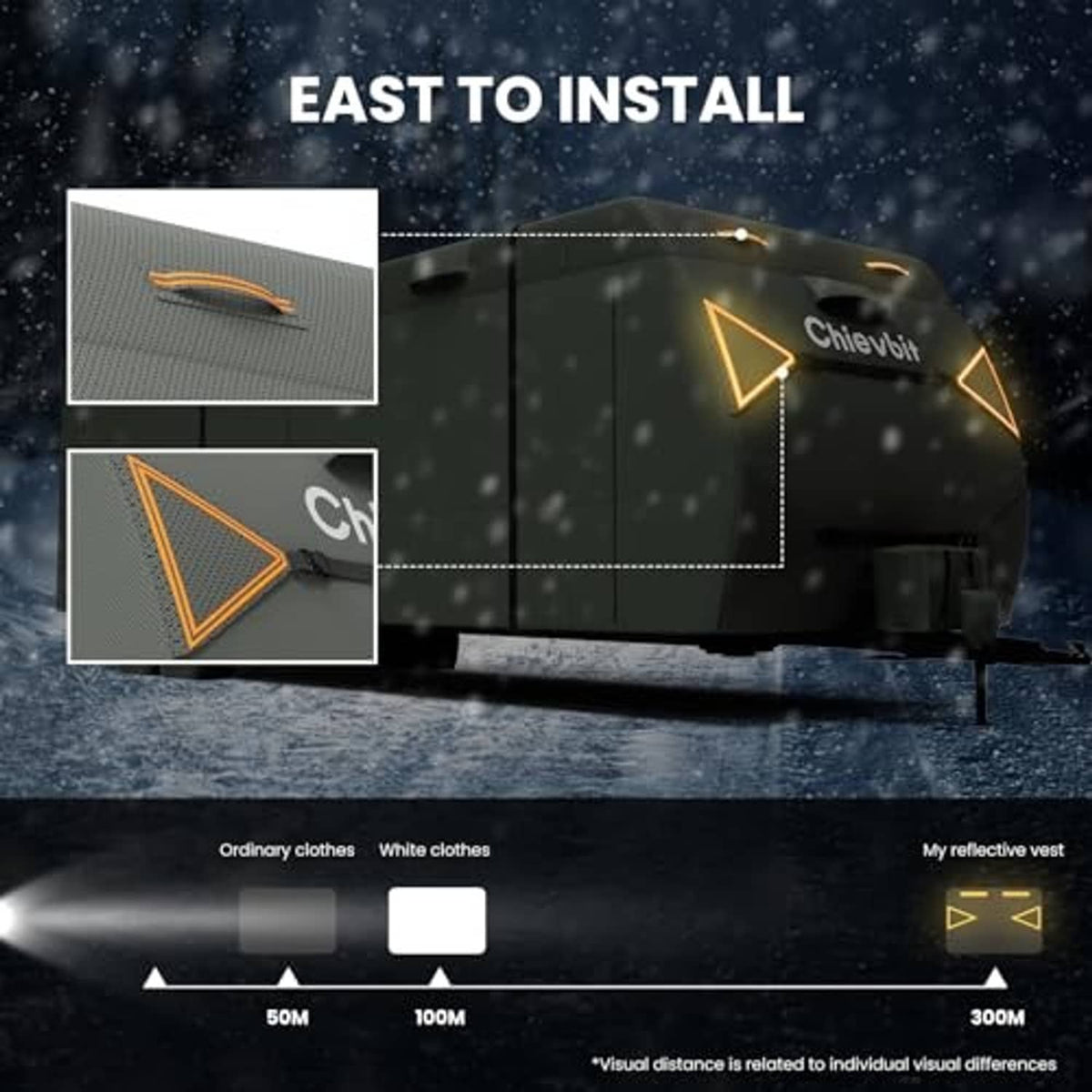 Gray RV travel trailer cover with anti-tear reinforcement and installation straps