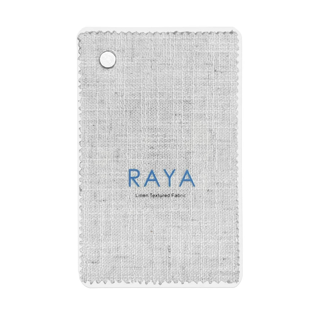 White linen-blend curtain liner swatch with scalloped edge and RAYA branding