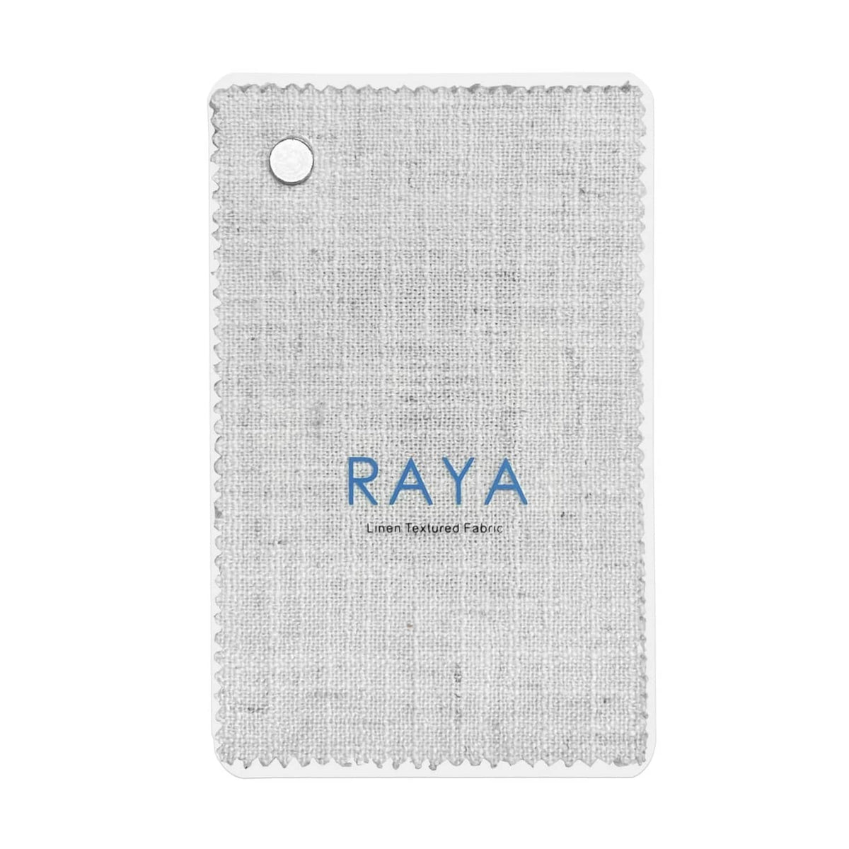 White linen-blend curtain liner swatch with scalloped edge and RAYA branding