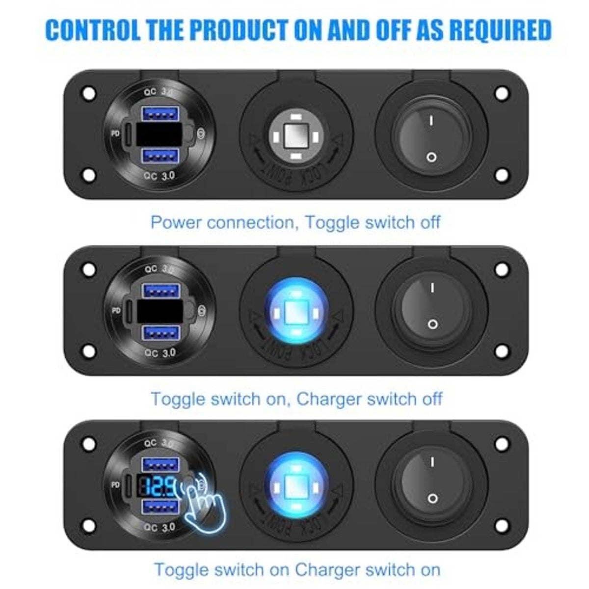 Black marine switch panel with USB ports, toggle switches, and illuminated control icons