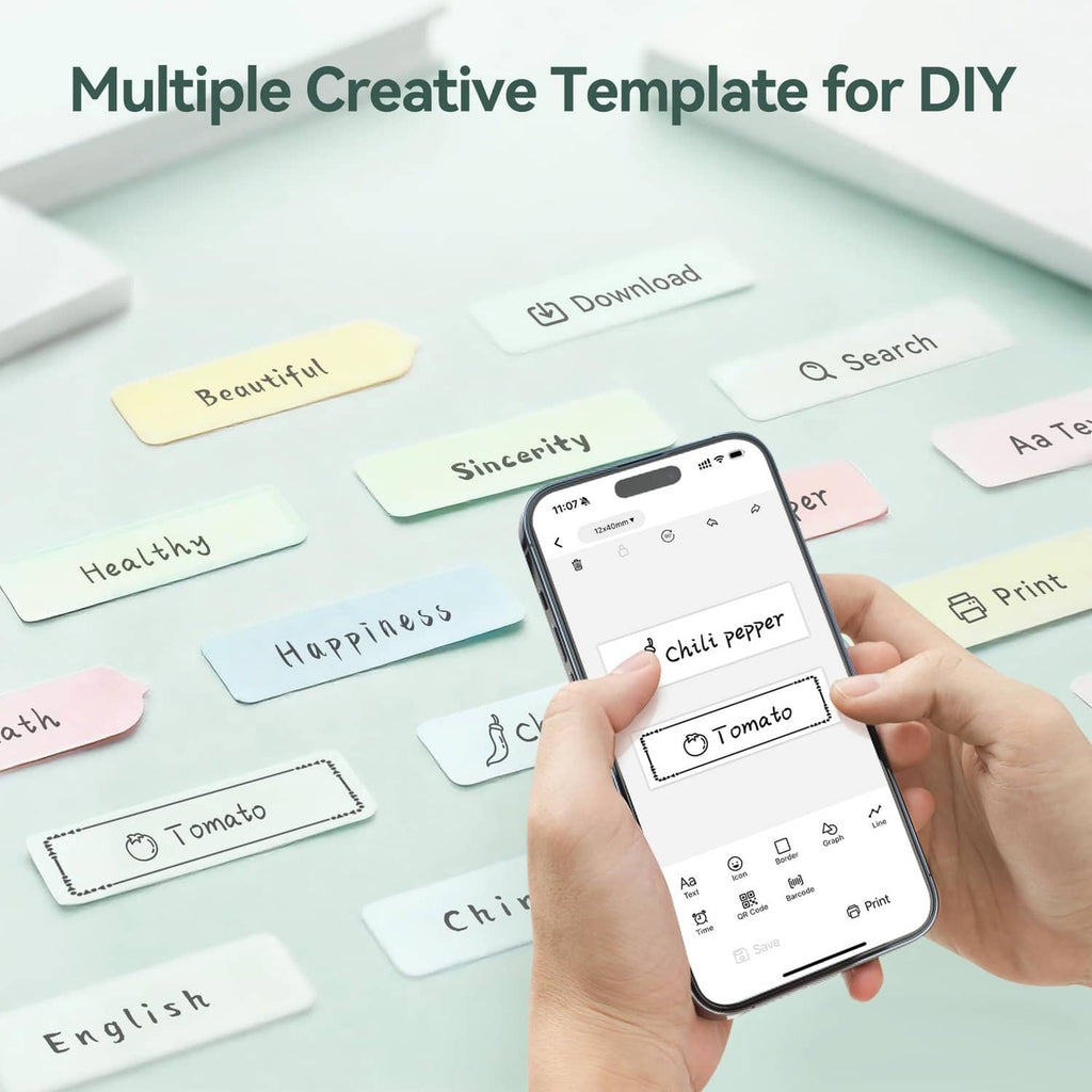 Smartphone displaying DIY label templates for a portable label maker