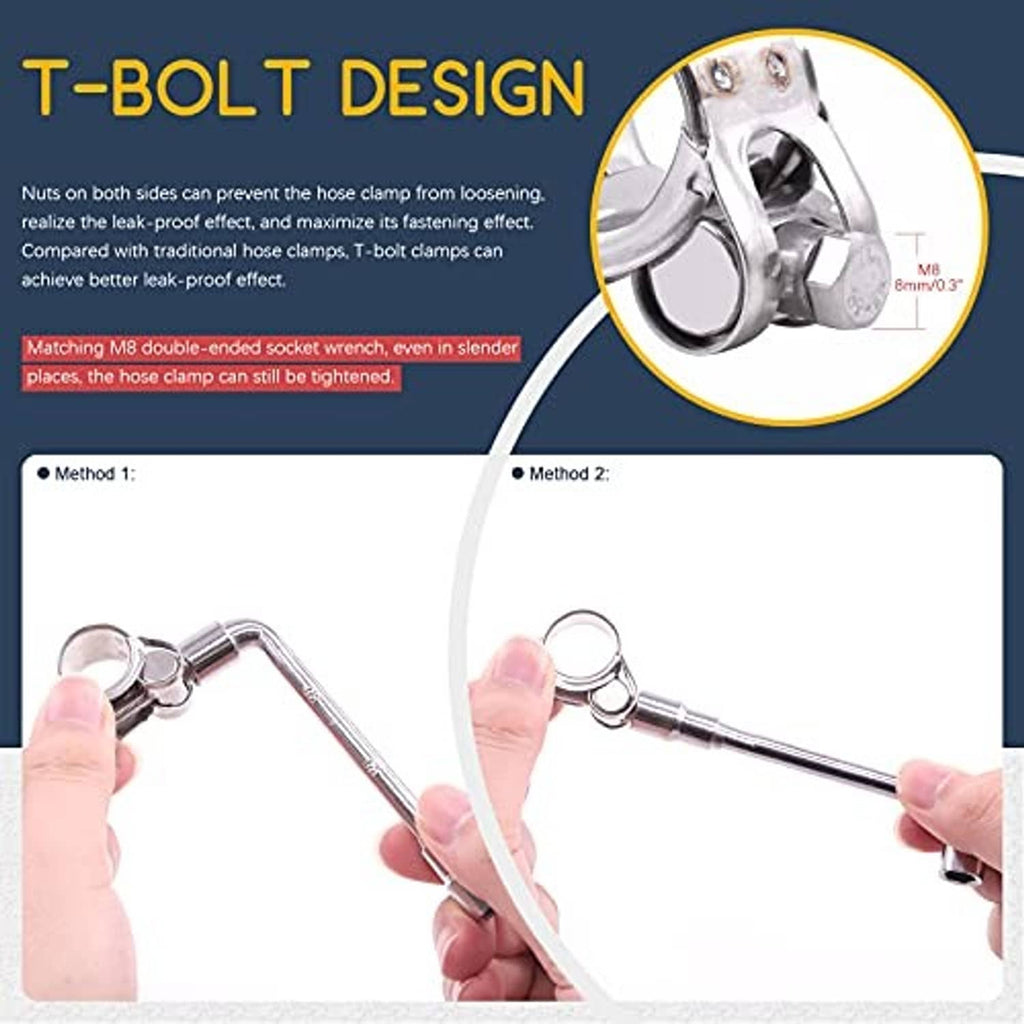 Stainless steel T-bolt hose clamp with nut and bolt joint, close-up detail