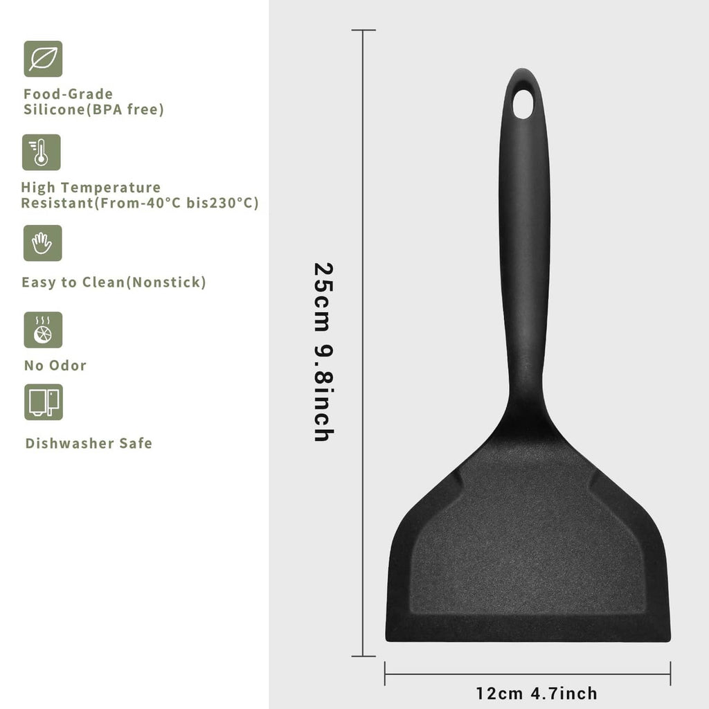 Black silicone pancake flipper with wide spatula head and hanging loop