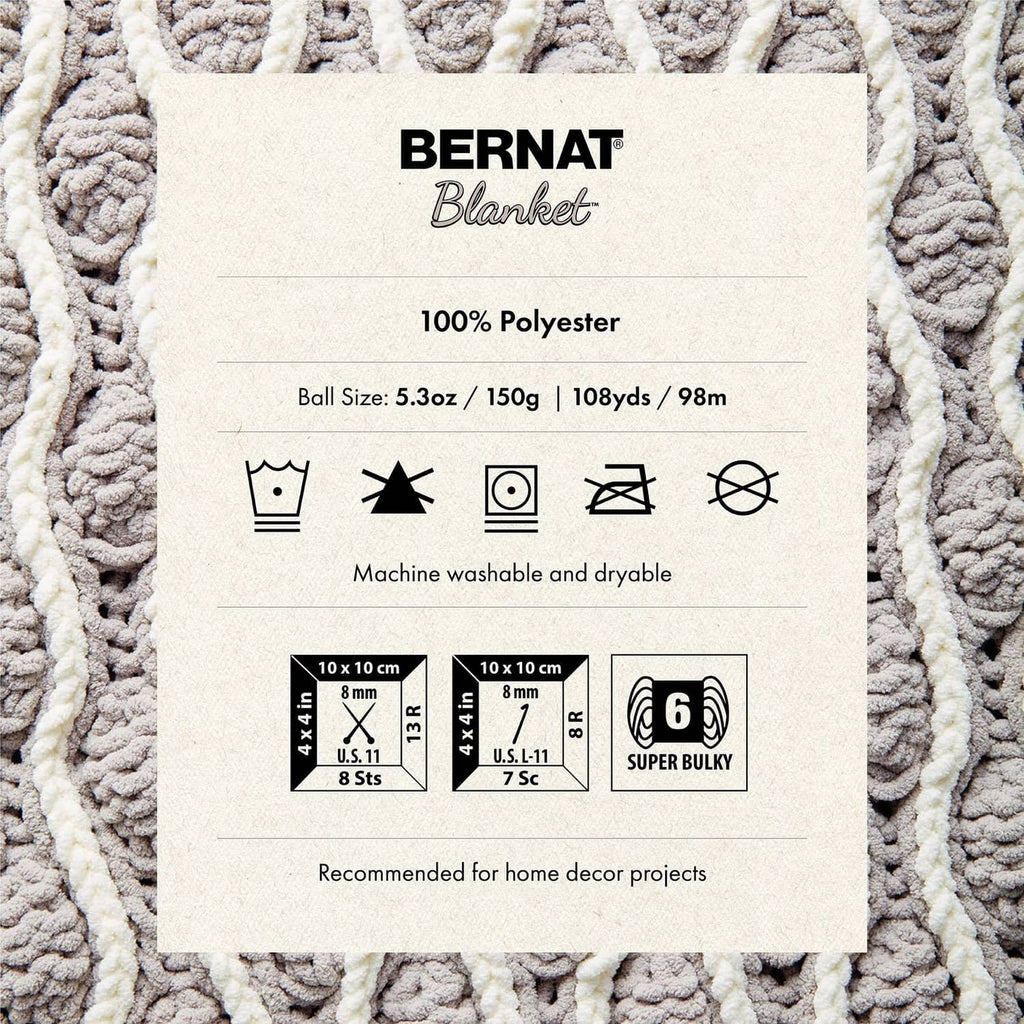 Bernat Blanket yarn label with 100% polyester and super bulky size information