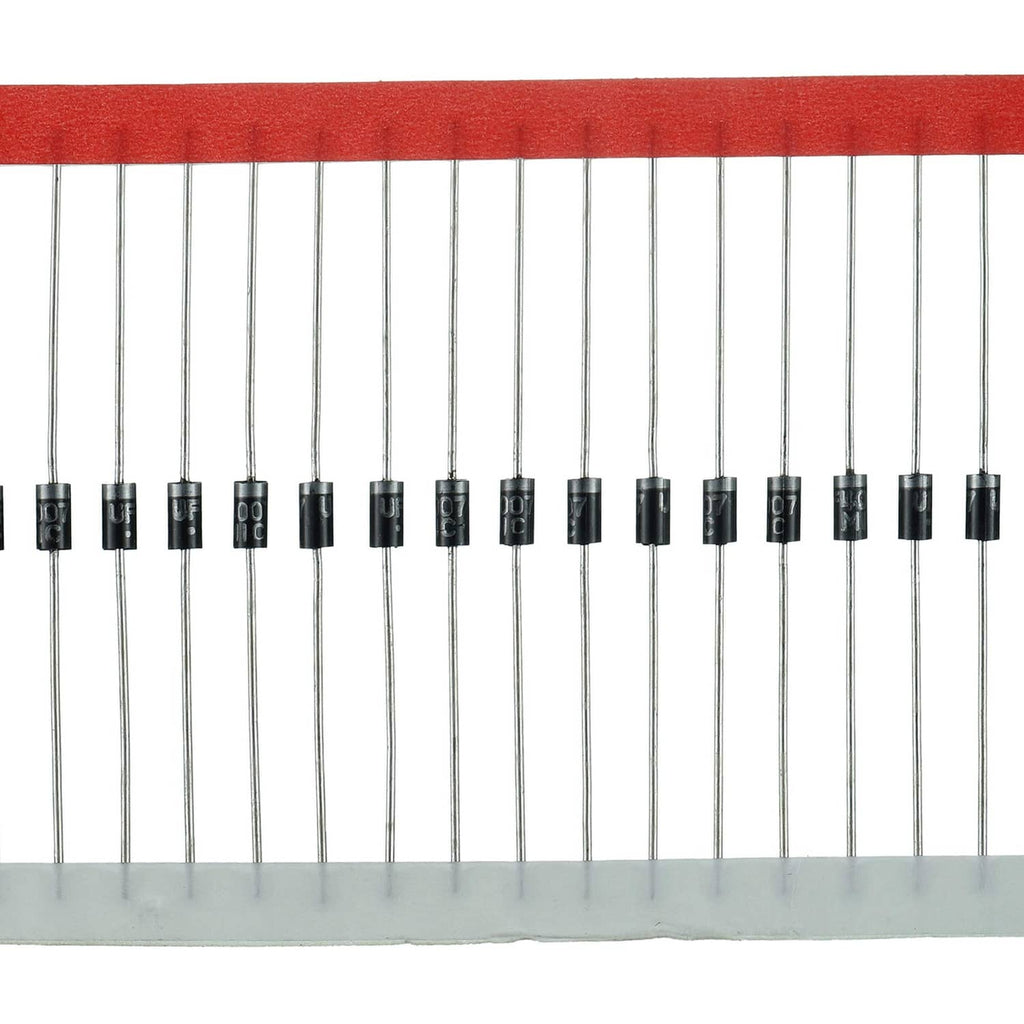 Diode components on metal leads with black cylindrical bodies beside a red rail