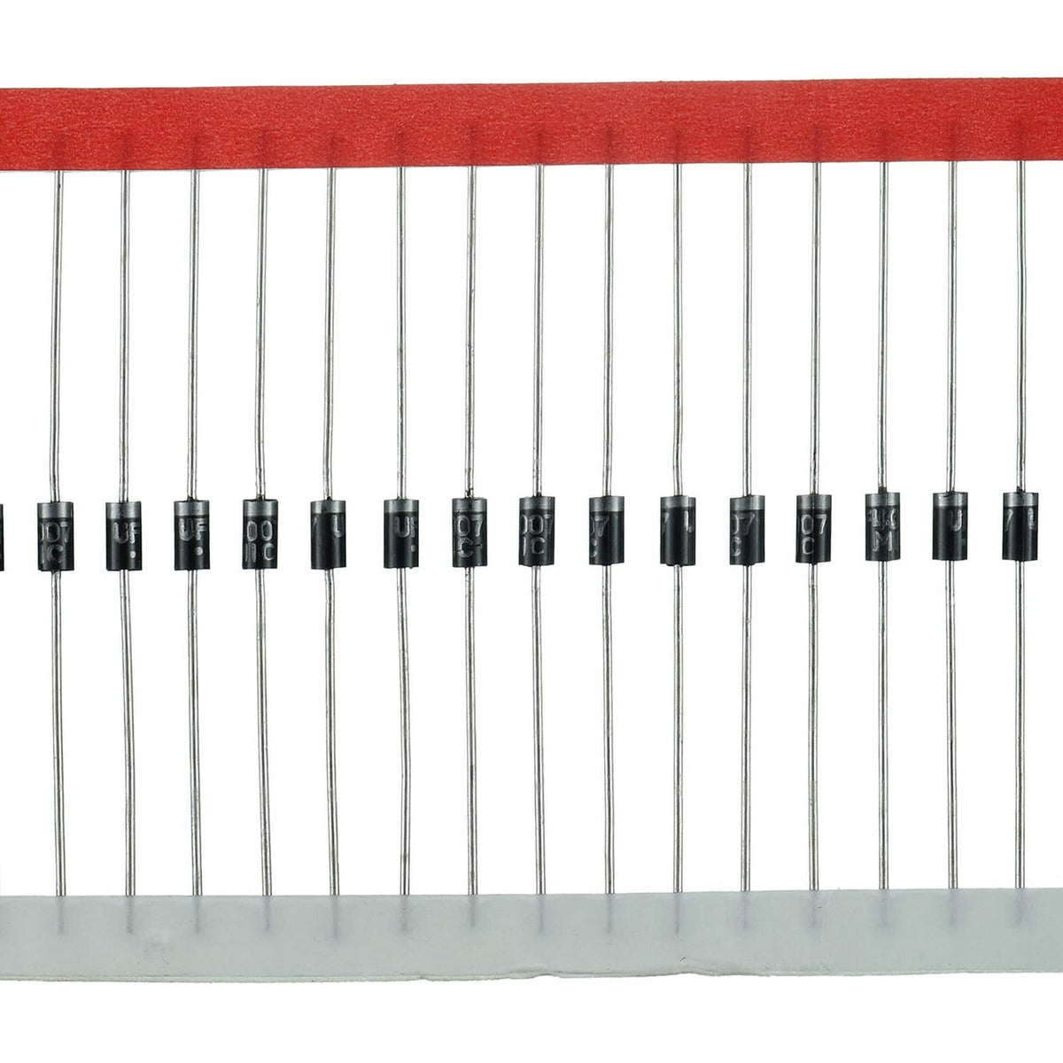Diode components on metal leads with black cylindrical bodies beside a red rail