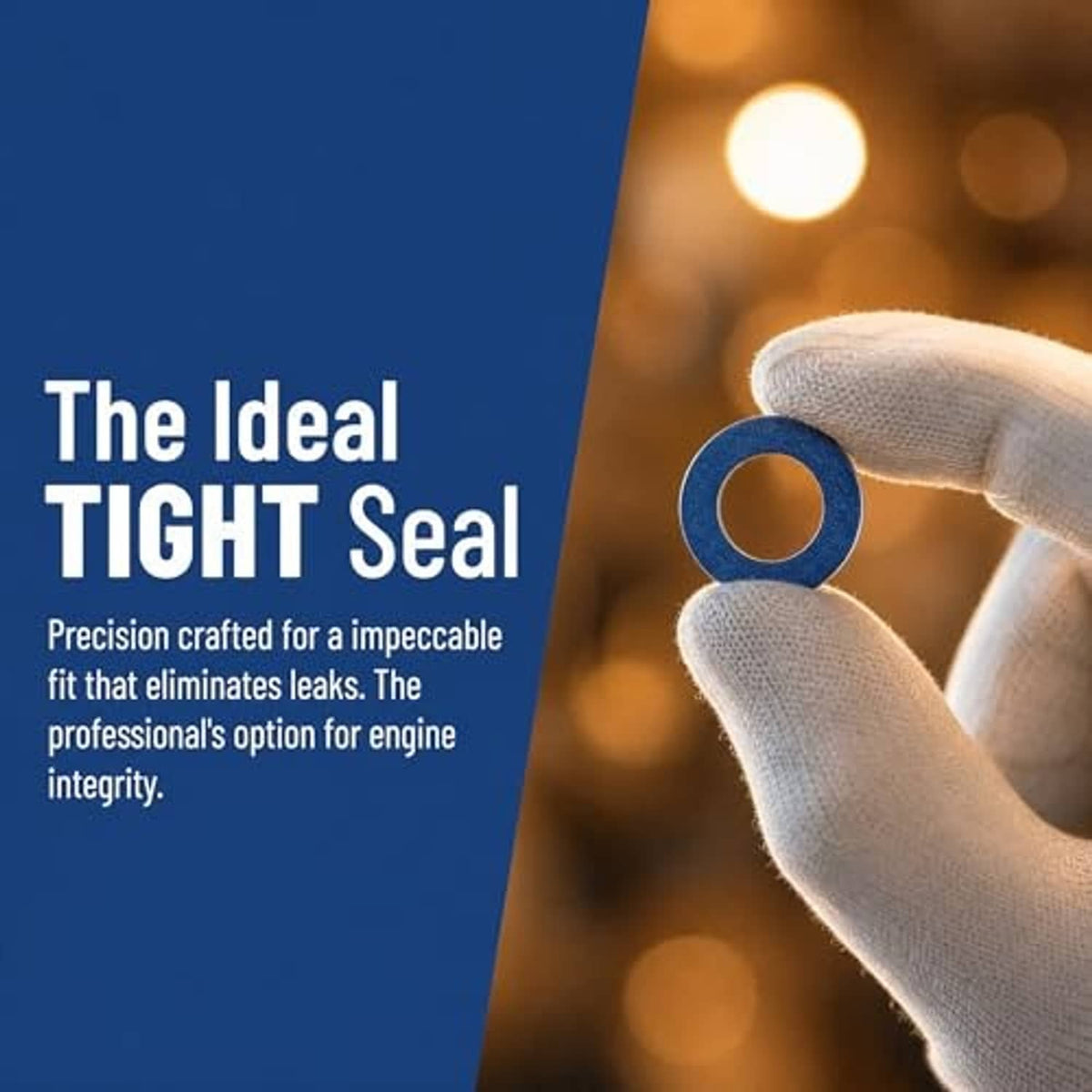 Blue oil drain plug gasket washer between gloved fingers, circular center hole