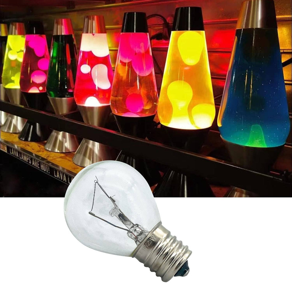 Clear lava lamp replacement bulb with filament, shown with multiple colorful lava lamps