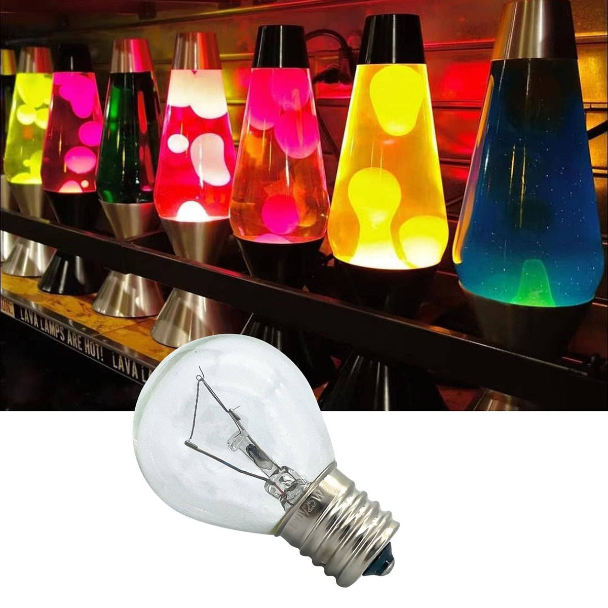 Clear lava lamp replacement bulb with filament, shown with multiple colorful lava lamps