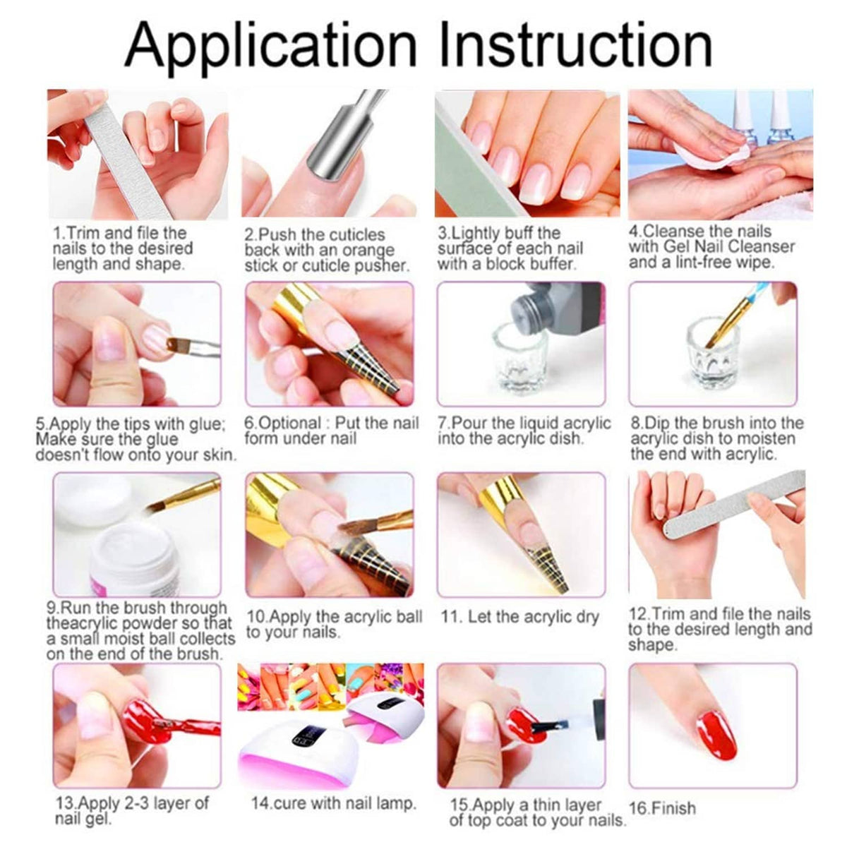 Application instruction chart for acrylic nails with step-by-step panels