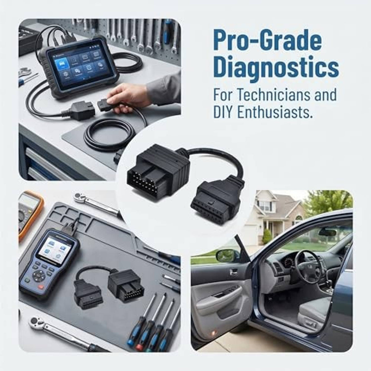 OBD diagnostic adapter cable set with two black plugs shown next to a handheld scanner