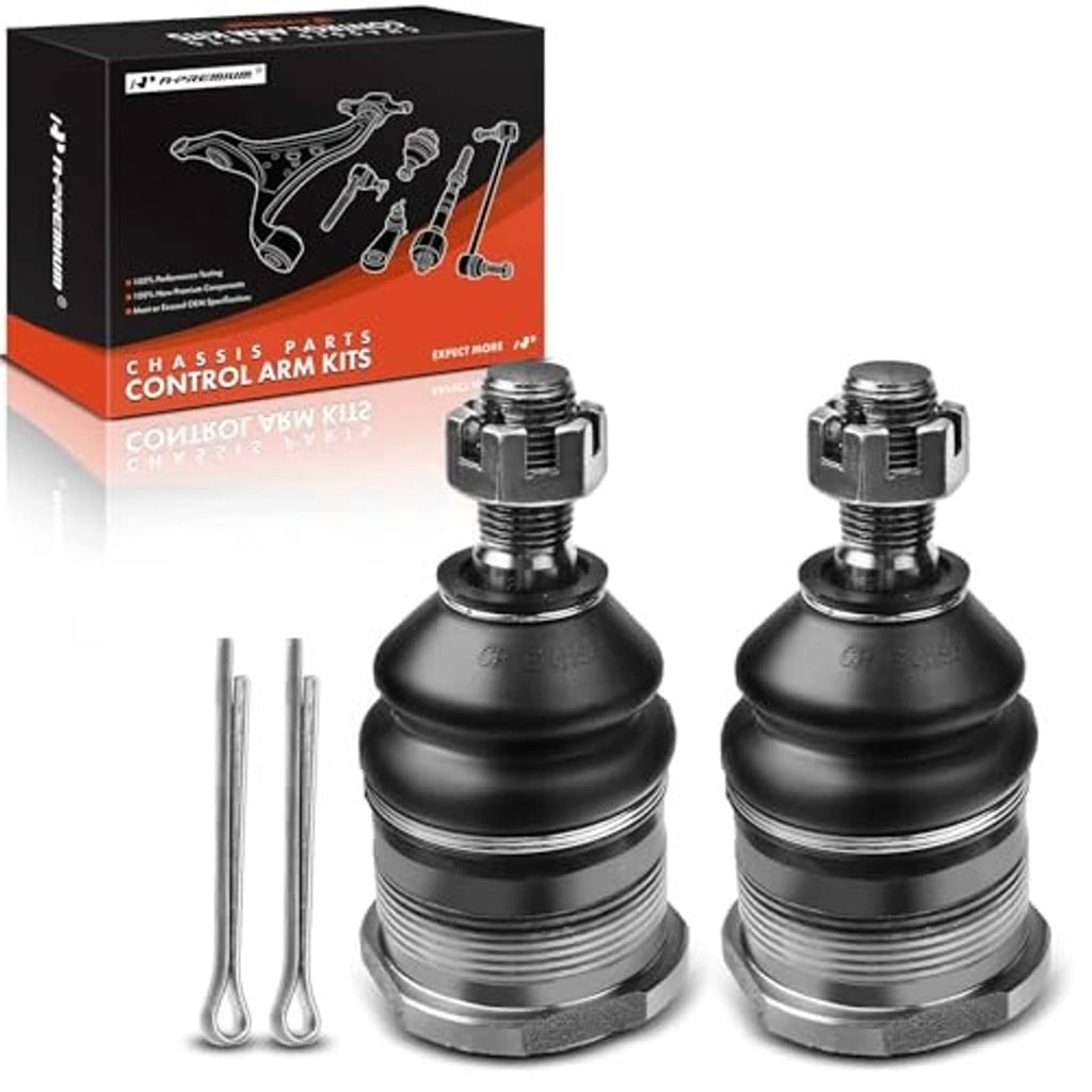 Two front upper ball joints with black rubber boots and silver threaded tops