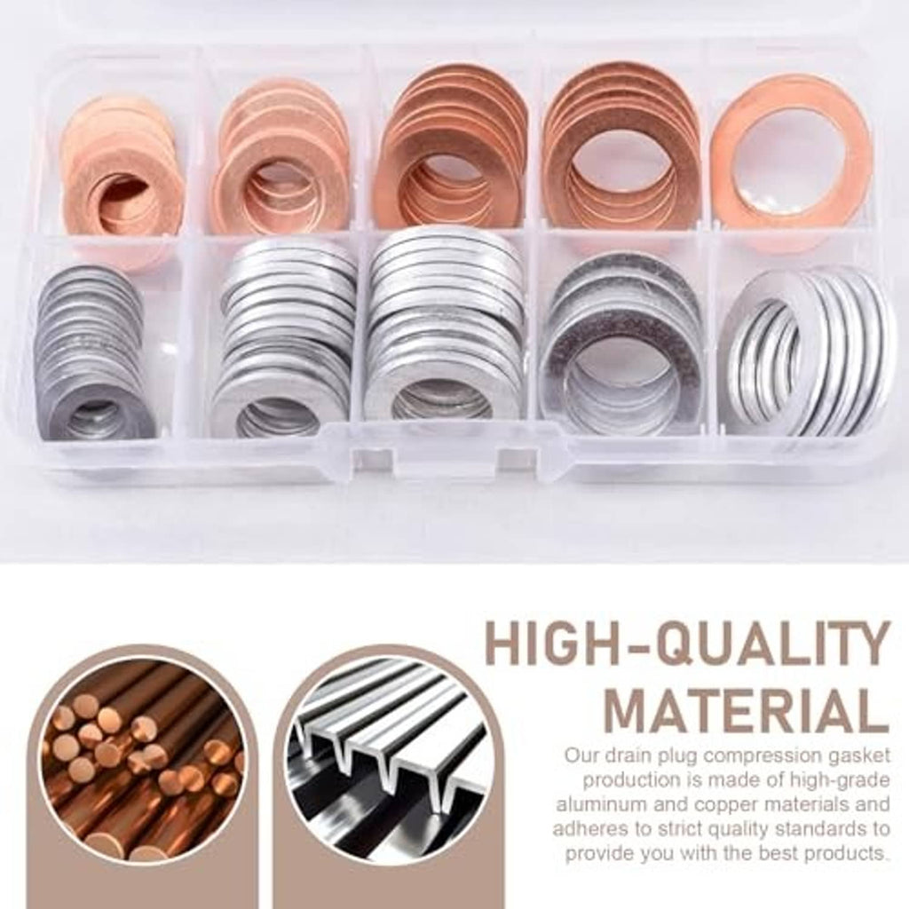 Oil drain plug gasket set in divided tray with copper and silver crush washers