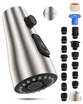 Brushed nickel pull-down faucet sprayer head with jet nozzles and black handle