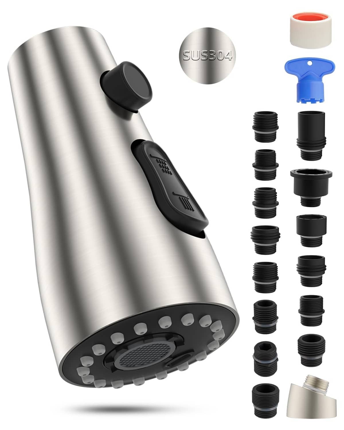 Brushed nickel pull-down faucet sprayer head with jet nozzles and black handle