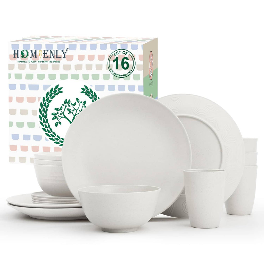 White wheat straw dinnerware set with plates, bowls, and cups, 16-piece assortment