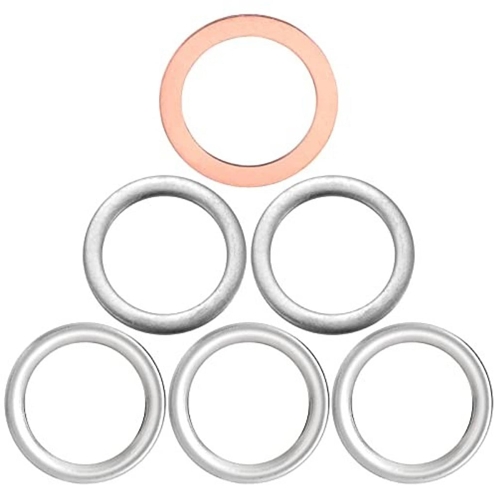Copper and silver crush washers set, copper ring and five silver metal rings