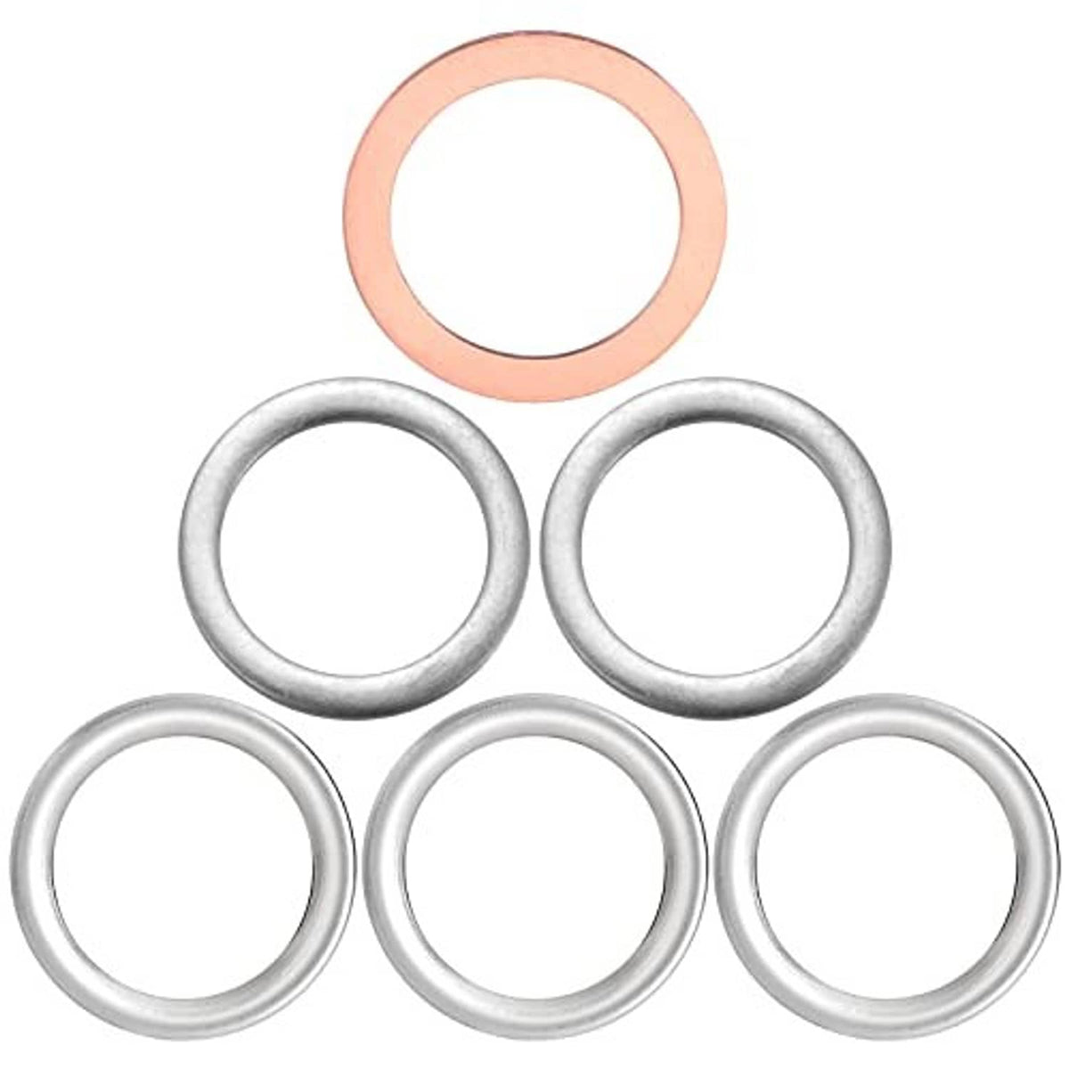 Copper and silver crush washers set, copper ring and five silver metal rings