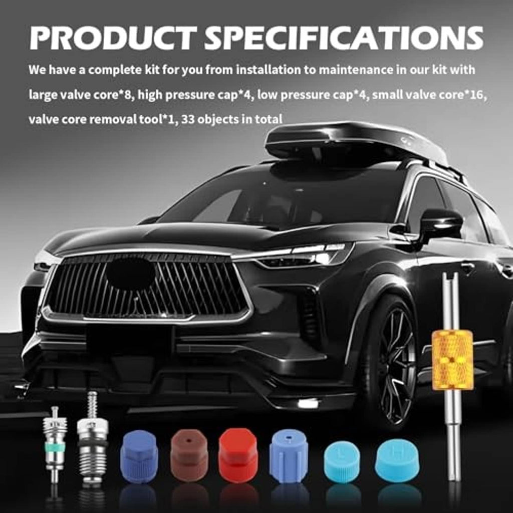 Car AC valve core tool kit set with multiple colored caps, metal valve cores, and amber insertion tool