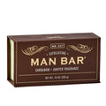 Peppered cardamom and juniper exfoliating man soap bar in brown retail box