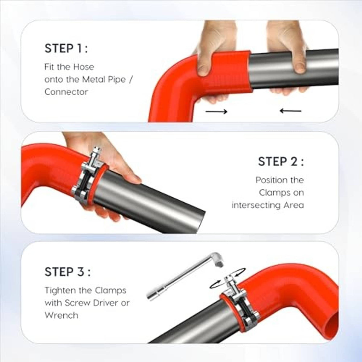 Orange 90° elbow silicone hose coupler attached to a metal pipe with clamps.