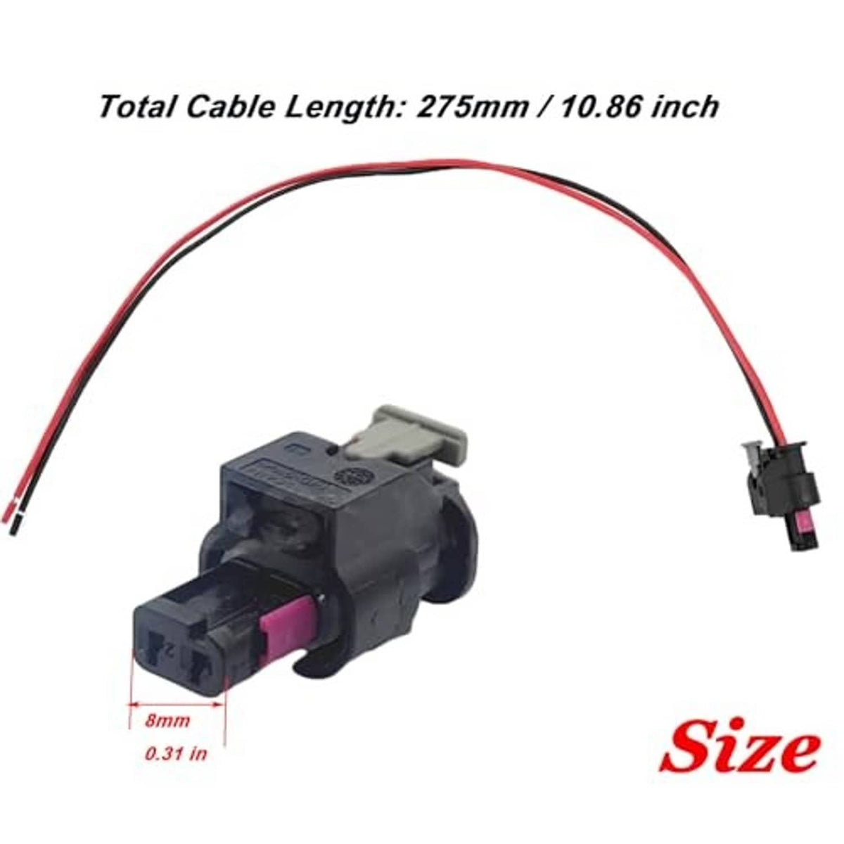 License plate light wiring pigtail connector with gray housing and red/black wire ends