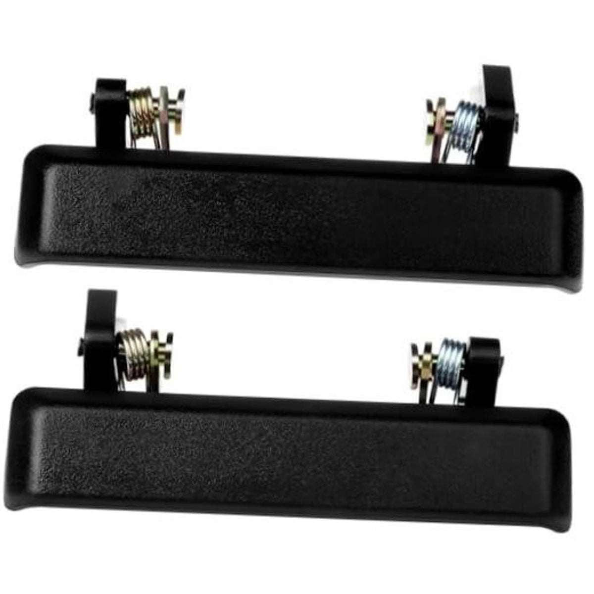 Black exterior door handle pair with metal mounting posts and springs