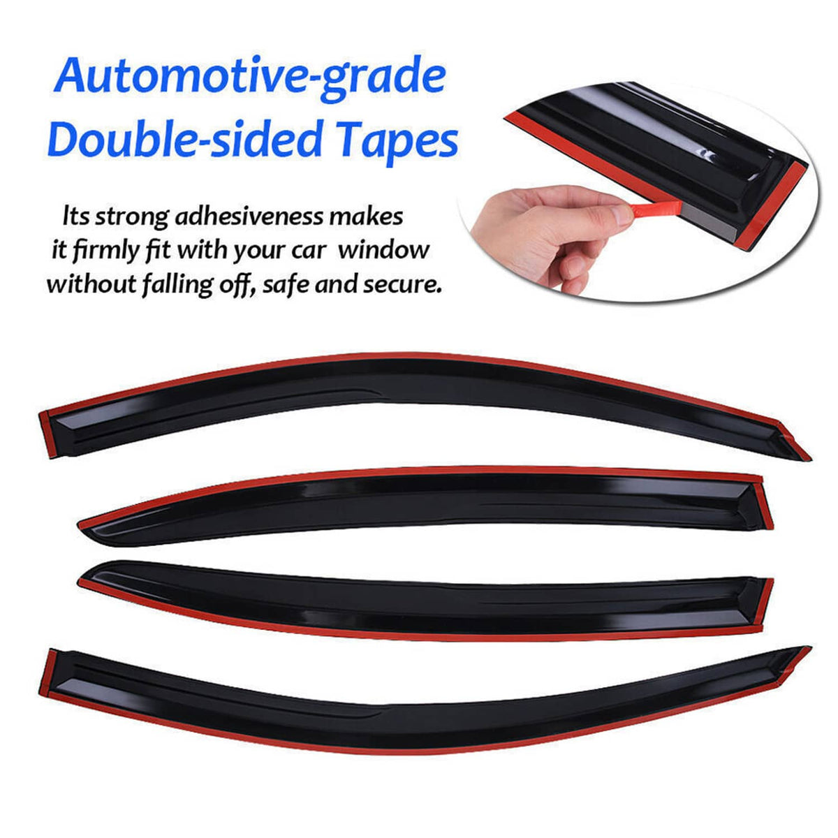 Curved tinted window rain visors with attached red double-sided tape
