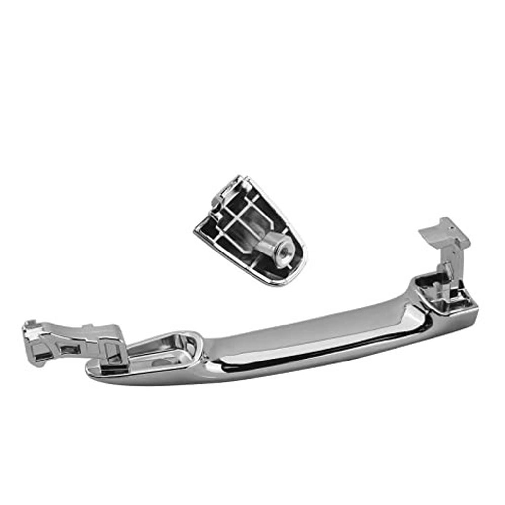 Chrome exterior door handle with lock bezel and mounting bracket hardware