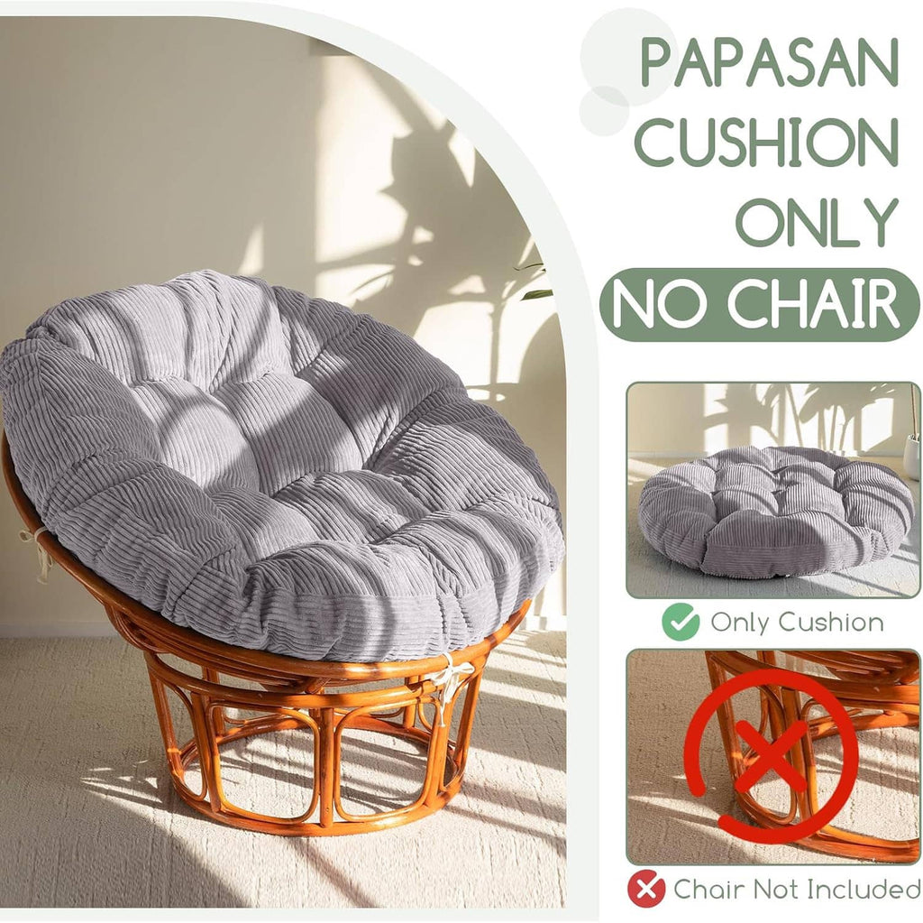 Gray corduroy papasan cushion with tufted top on chair frame; chair not included