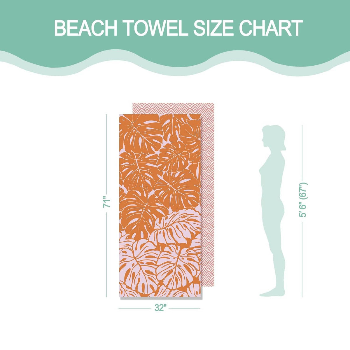 Orange palm leaf beach towel on size chart with silhouette for scale.
