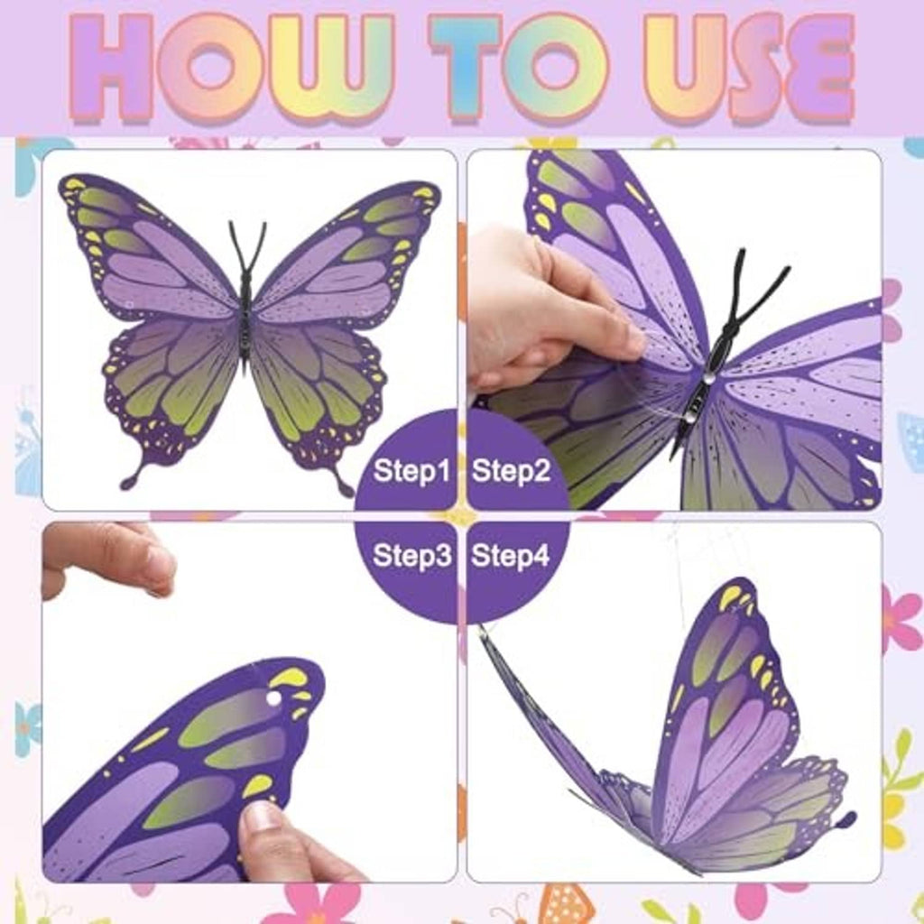 Purple and blue butterfly wall decoration shown for DIY assembly steps 1 to 4