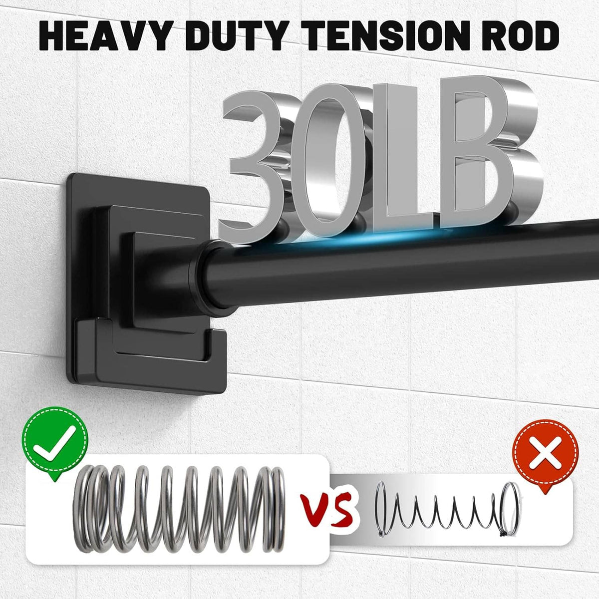 Matte black shower tension rod with holders and spring comparison graphic for 30–79 in