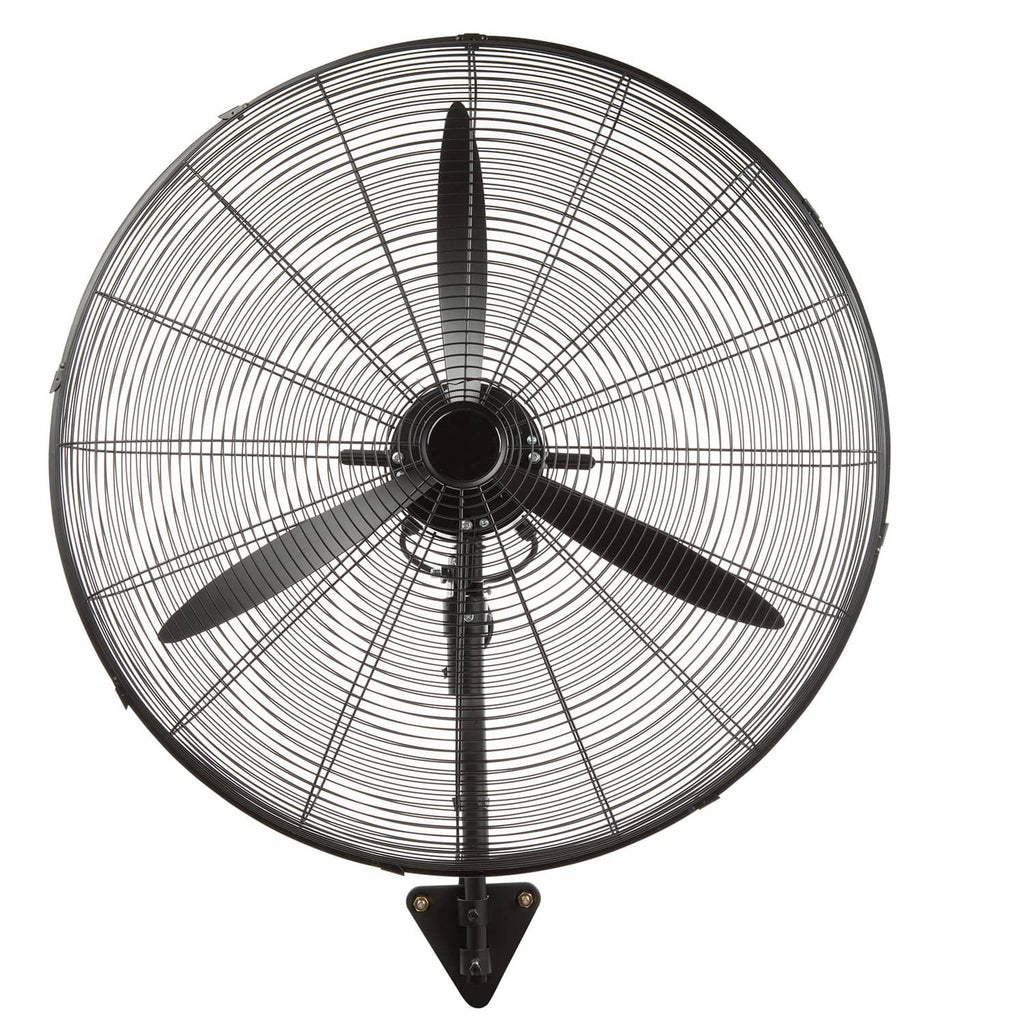 Wall-mount misting fan with metal grill and three black blades, front view