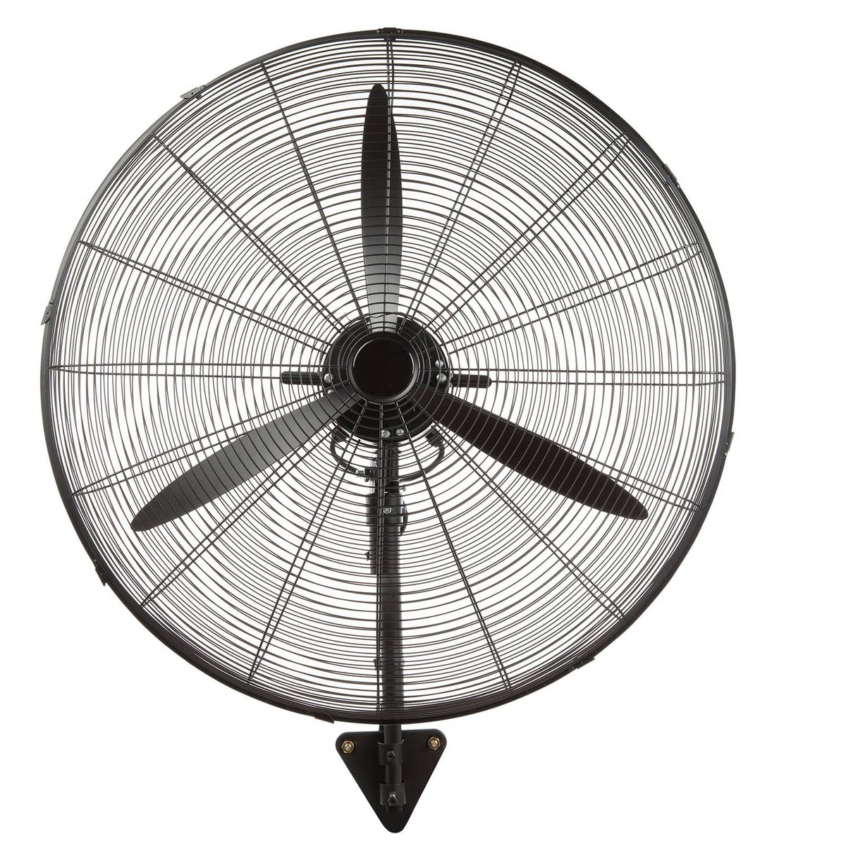 Wall-mount misting fan with metal grill and three black blades, front view